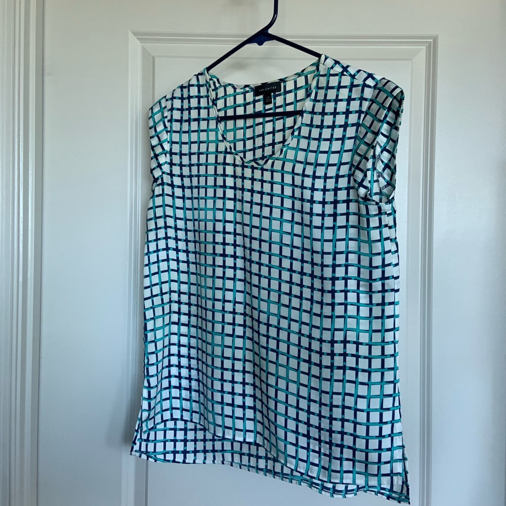 Blue, Teal and White Patterned Silk Top Size XS